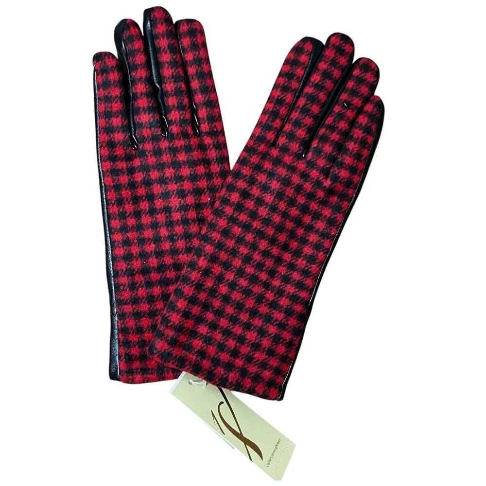 Houndstooth Gloves Womens M Red Black Faux Leather Winter Collection Eighteen